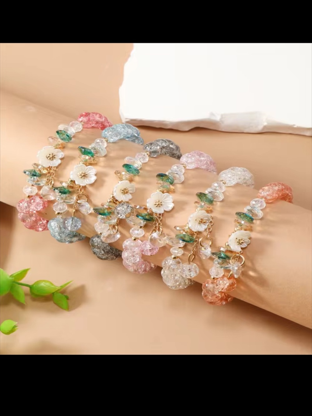 Delicate Floral Crystal Beaded Bracelet - Pink, Blue, Gray, White, Peach 6 piece